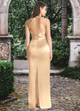 Roberta Sheath High Neck Metallic Satin Floor-Length Dress Gold STKP0022748