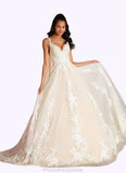 Tori A-Line V-Neck Sequins Tulle Cathedral Train Dress Diamond White/Champagne STKP0022751