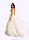 Tori A-Line V-Neck Sequins Tulle Cathedral Train Dress Diamond White/Champagne STKP0022751