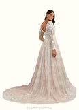 Joyce A-Line V-Neck Sequins Tulle Cathedral Train Dress Diamond White/Nude STKP0022757