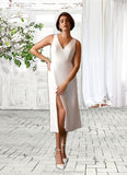 Jess A-Line V-Neck Stretch Crepe Tea-Length Dress Diamond White STKP0022769