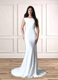 Val Mermaid Boatneck Stretch Crepe Sweep Train Dress Diamond White STKP0022772