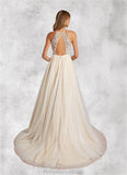 Maren A-Line Halter Sequins Tulle Chapel Train Dress Diamond White/Champagne STKP0022773