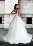 Sofia Ball-Gown Ruched Satin Sweep Train Dress Diamond White STKP0022785