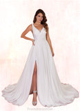 Marley A-Line Pleated Chiffon Chapel Train Dress Diamond White STKP0022786