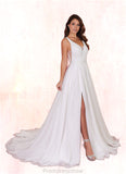 Marley A-Line Pleated Chiffon Chapel Train Dress Diamond White STKP0022786