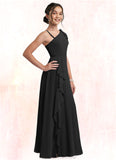 Dulce A-Line Bow Chiffon Floor-Length Junior Bridesmaid Dress black STKP0022850