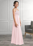 Kyla A-Line Lace Chiffon Floor-Length Junior Bridesmaid Dress Blushing Pink STKP0022853