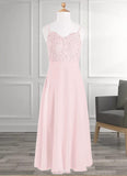 Kyla A-Line Lace Chiffon Floor-Length Junior Bridesmaid Dress Blushing Pink STKP0022853