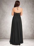 Cristina A-Line Lace Chiffon Asymmetrical Junior Bridesmaid Dress black STKP0022855