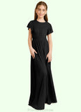 Evie A-Line Ruched Mesh Floor-Length Junior Bridesmaid Dress black STKP0022857