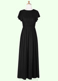 Evie A-Line Ruched Mesh Floor-Length Junior Bridesmaid Dress black STKP0022857