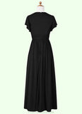 Evie A-Line Ruched Mesh Floor-Length Junior Bridesmaid Dress black STKP0022857