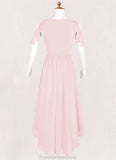 Angeline A-Line Ruched Chiffon Asymmetrical Junior Bridesmaid Dress Blushing Pink STKP0022862