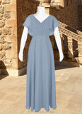 Danielle A-Line Ruched Chiffon Floor-Length Junior Bridesmaid Dress dusty blue STKP0022872