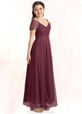 Caroline A-Line Off the Shoulder Tulle Floor-Length Junior Bridesmaid Dress Cabernet STKP0022873