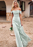 Sheath/Column Off-the-Shoulder Sleeveless Floor-Length Stretch Satin Bridesmaid Dresses with Pleated Luciana STKP0025218