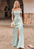 Sheath/Column Off-the-Shoulder Sleeveless Floor-Length Stretch Satin Bridesmaid Dresses with Pleated Luciana STKP0025218