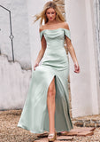 Sheath/Column Off-the-Shoulder Sleeveless Floor-Length Stretch Satin Bridesmaid Dresses with Pleated Luciana STKP0025218