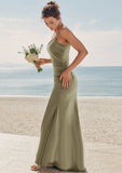 Trumpet/Mermaid Scoop Neck Sleeveless Floor-Length Stretch Satin Bridesmaid Dresses with Pleated Split Macy STKP0025219