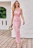 Sheath/Column One-Shoulder Sleeveless Ankle-Length Stretch Satin Bridesmaid Dresses with Pleated Averie STKP0025220