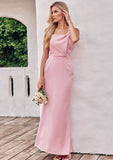 Sheath/Column One-Shoulder Sleeveless Ankle-Length Stretch Satin Bridesmaid Dresses with Pleated Averie STKP0025220