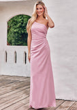 Sheath/Column One-Shoulder Sleeveless Floor-Length Stretch Satin Bridesmaid Dresses with Pleated Jimena STKP0025221