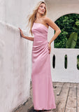 Sheath/Column One-Shoulder Sleeveless Floor-Length Stretch Satin Bridesmaid Dresses with Pleated Jimena STKP0025221