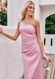 Sheath/Column One-Shoulder Sleeveless Floor-Length Stretch Satin Bridesmaid Dresses with Pleated Jimena STKP0025221