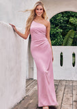 Sheath/Column One-Shoulder Sleeveless Floor-Length Stretch Satin Bridesmaid Dresses with Pleated Jimena STKP0025221