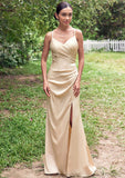 Sheath/Column V Neck Sleeveless Floor-Length Stretch Satin Bridesmaid Dresses with Pleated Split Madilyn STKP0025222