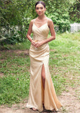 Sheath/Column V Neck Sleeveless Floor-Length Stretch Satin Bridesmaid Dresses with Pleated Split Madilyn STKP0025222