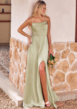 A-line Square Neckline Sleeveless Floor-Length Stretch Satin Bridesmaid Dresses with Bowknot Split Marcia STKP0025223