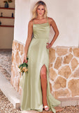 A-line Square Neckline Sleeveless Floor-Length Stretch Satin Bridesmaid Dresses with Bowknot Split Marcia STKP0025223