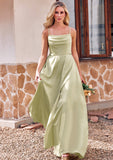 A-line Square Neckline Sleeveless Floor-Length Stretch Satin Bridesmaid Dresses with Bowknot Split Marcia STKP0025223