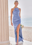 Sheath/Column Halter Sleeveless Floor-Length Stretch Satin Bridesmaid Dresses with Pleated Split Rylee STKP0025224