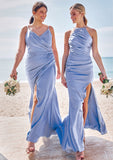 Sheath/Column Halter Sleeveless Floor-Length Stretch Satin Bridesmaid Dresses with Pleated Split Rylee STKP0025224