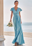 Sheath/Column V Neck Short Sleeve Floor-Length Stretch Satin Bridesmaid Dresses with Pleated Lacey STKP0025225