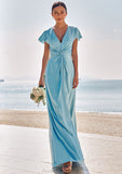 Sheath/Column V Neck Short Sleeve Floor-Length Stretch Satin Bridesmaid Dresses with Pleated Lacey STKP0025225