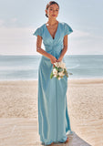 Sheath/Column V Neck Short Sleeve Floor-Length Stretch Satin Bridesmaid Dresses with Pleated Lacey STKP0025225