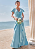 Sheath/Column V Neck Short Sleeve Floor-Length Stretch Satin Bridesmaid Dresses with Pleated Lacey STKP0025225