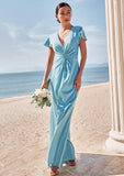 Sheath/Column V Neck Short Sleeve Floor-Length Stretch Satin Bridesmaid Dresses with Pleated Lacey STKP0025225