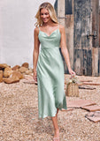 Sheath/Column Cowl Neck Sleeveless Tea-Length Stretch Satin Bridesmaid Dresses Kyla STKP0025226