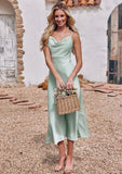 Sheath/Column Cowl Neck Sleeveless Tea-Length Stretch Satin Bridesmaid Dresses Kyla STKP0025226