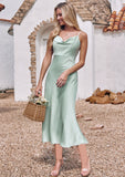 Sheath/Column Cowl Neck Sleeveless Tea-Length Stretch Satin Bridesmaid Dresses Kyla STKP0025226