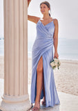 Sheath/Column V Neck Sleeveless Floor-Length Stretch Satin Bridesmaid Dresses with Pleated Split Katelyn STKP0025227