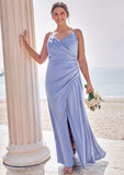 Sheath/Column V Neck Sleeveless Floor-Length Stretch Satin Bridesmaid Dresses with Pleated Split Katelyn STKP0025227