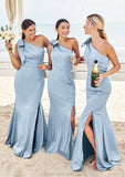 Trumpet/Mermaid One-Shoulder Sleeveless Floor-Length Stretch Satin Plus Size Bridesmaid Dresses with Bowknot - Plus Size Bridesmaid Dresseses Marissa STKP0025228