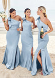 Trumpet/Mermaid One-Shoulder Sleeveless Floor-Length Stretch Satin Bridesmaid Dresses with Bowknot Allyson STKP0025229