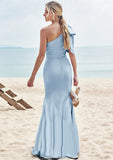 Trumpet/Mermaid One-Shoulder Sleeveless Floor-Length Stretch Satin Bridesmaid Dresses with Bowknot Allyson STKP0025229